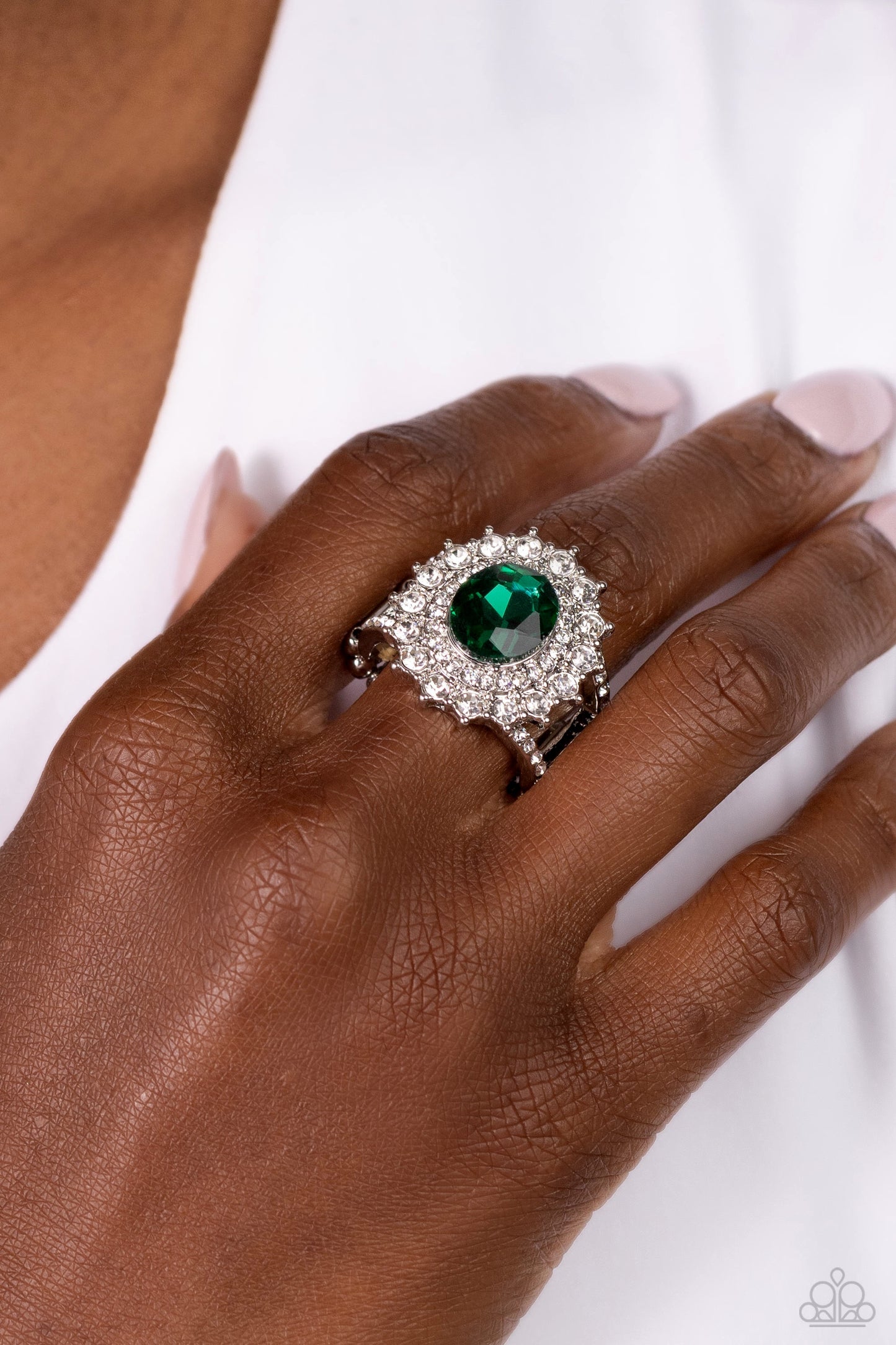 Layered Luminescence - Green Emerald White Rhinestone Ring