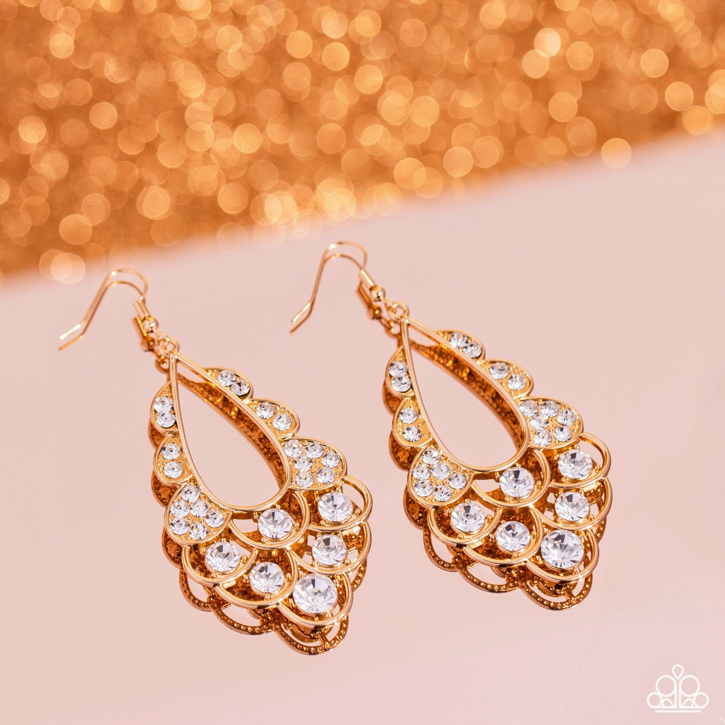 Majestic Masquerade - Gold White Rhinestone Earrings