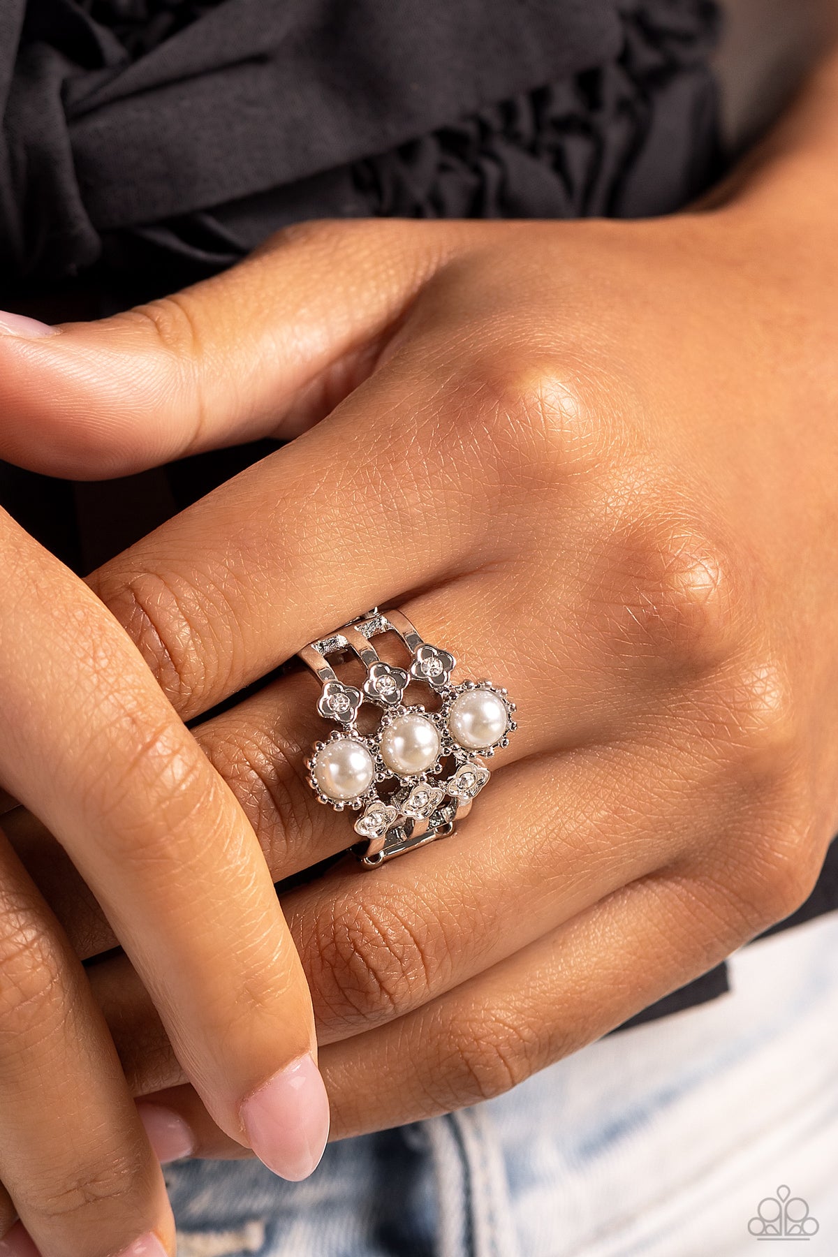 Layered Light - White Rhinestone Pearl Ring