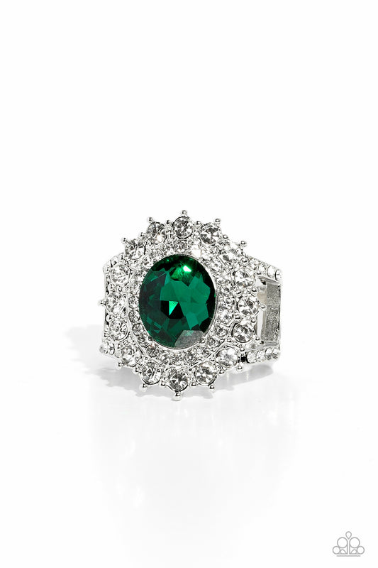 Layered Luminescence - Green Emerald White Rhinestone Ring
