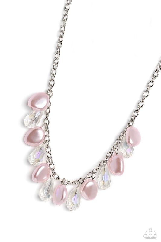 Welcome to BALL Street - Pink & White Crystal-Like Teardrop Necklace