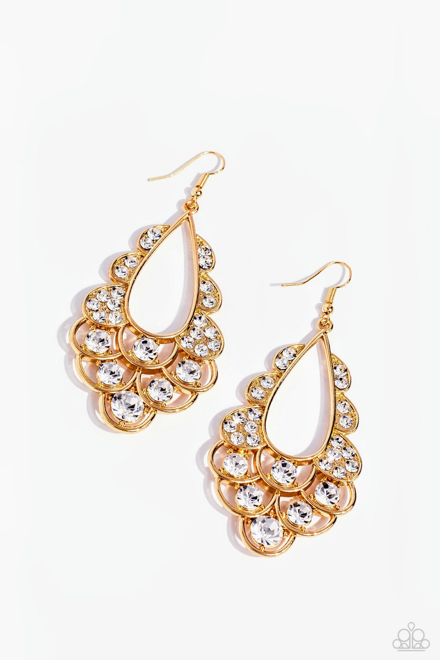 Majestic Masquerade - Gold White Rhinestone Earrings