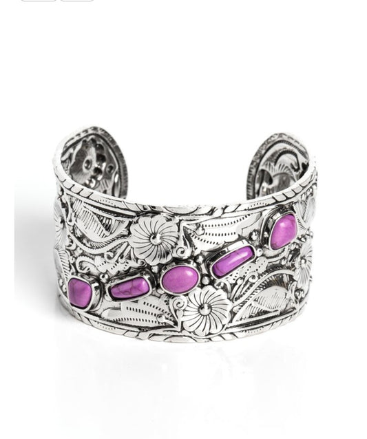Still FLORAL Stones - Purple Embossed Floral-Detailed Cuff