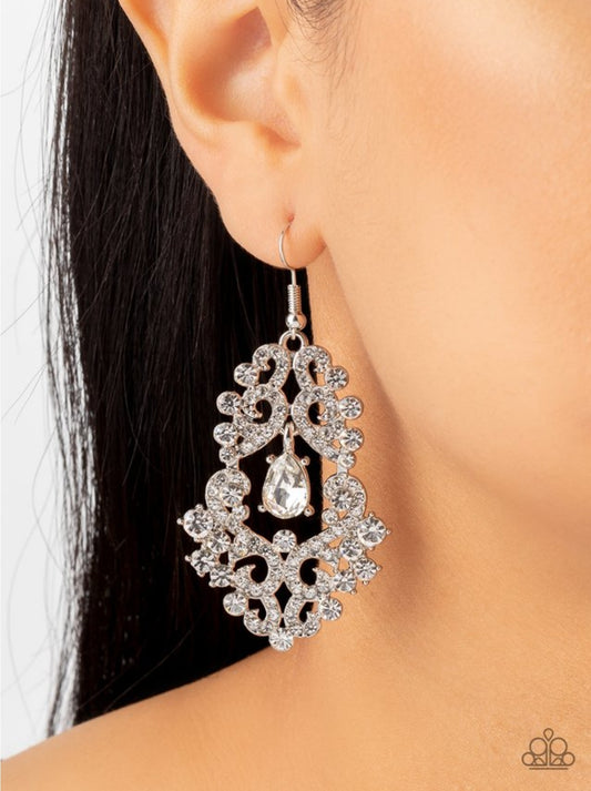 Sociable Sparkle - White Rhinestone Swings Earrings
