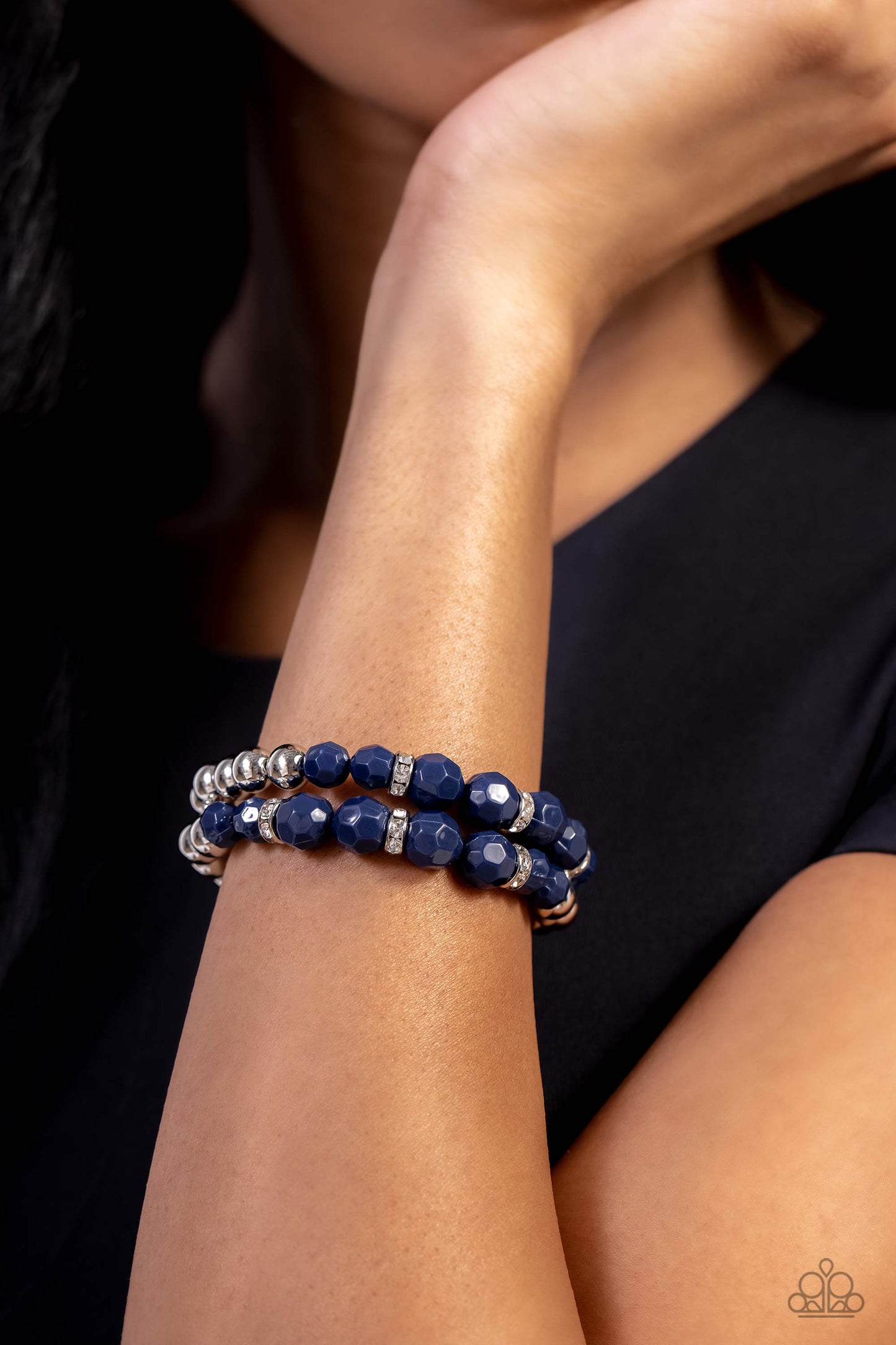 Two by Two Twinkle - Blue Silver Beads, White Rhinestone Encrusted